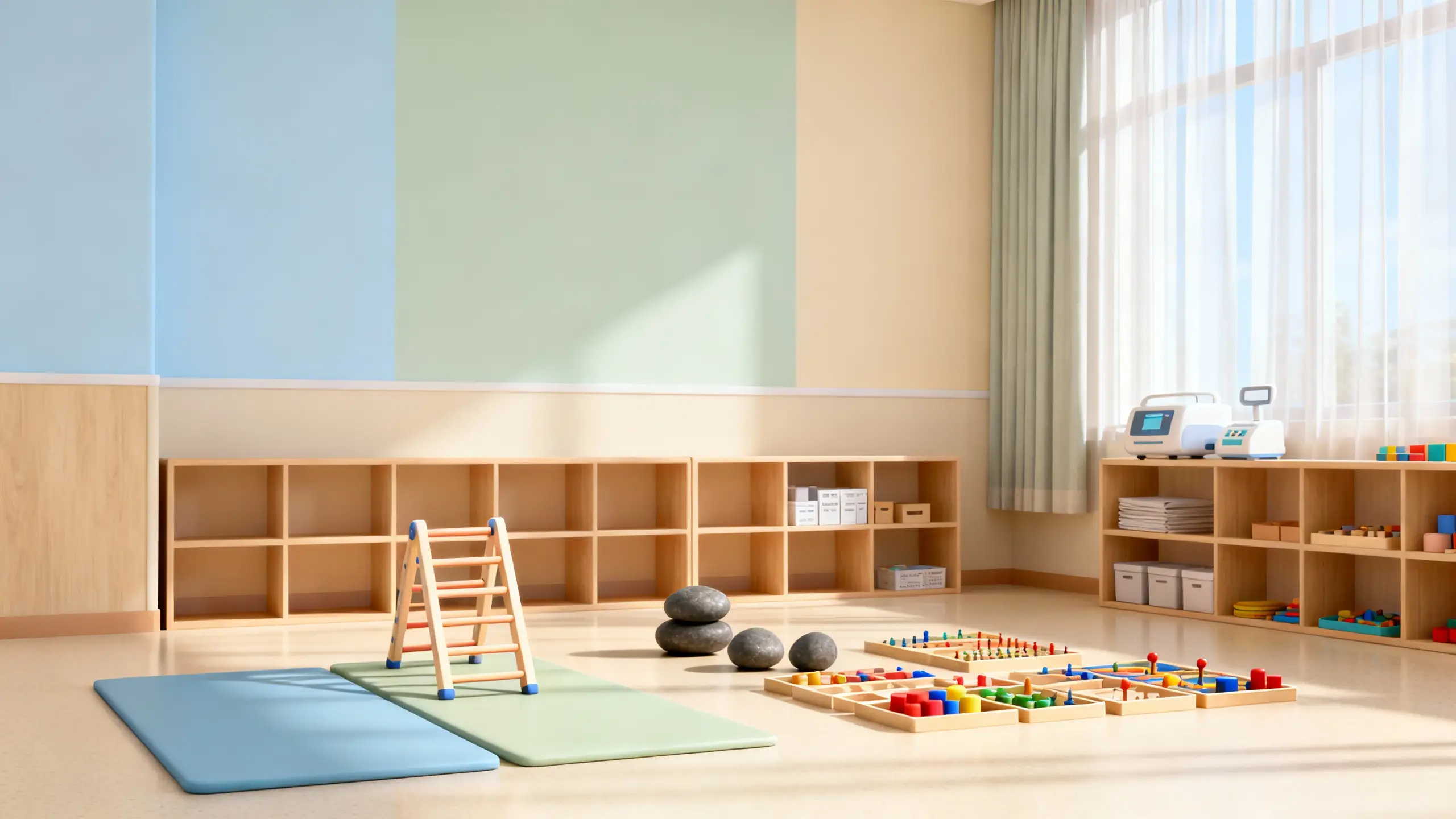 Salle de psychomotricité accueillante avec matériel sensoriel